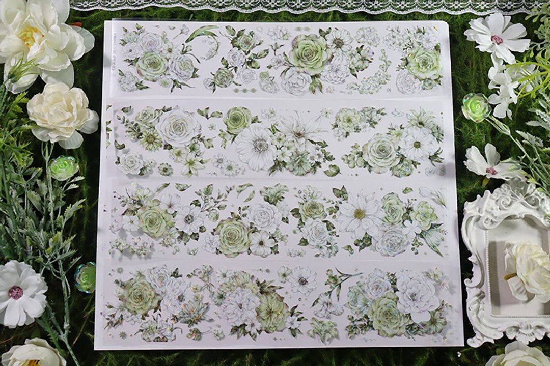整卷 OKMT新七天原创流麻咕卡贴纸PET手帐胶带贝壳光工艺 绿芙朵 - 纸胶带 - 塑料 绿色