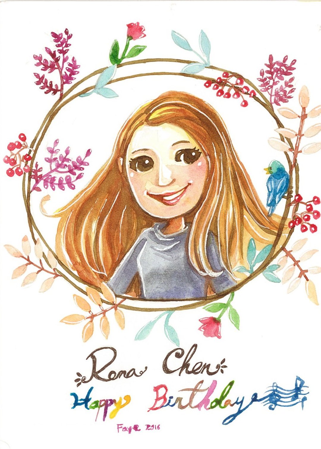 Q版水彩肖像画13.5x19cm Cartoon watercolor portrait (单人，不含框） - 订制画像 - 纸 橘色