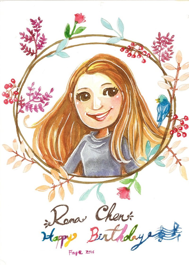 Q版水彩肖像画13.5x19cm Cartoon watercolor portrait (单人，不含框） - 订制画像 - 纸 橘色