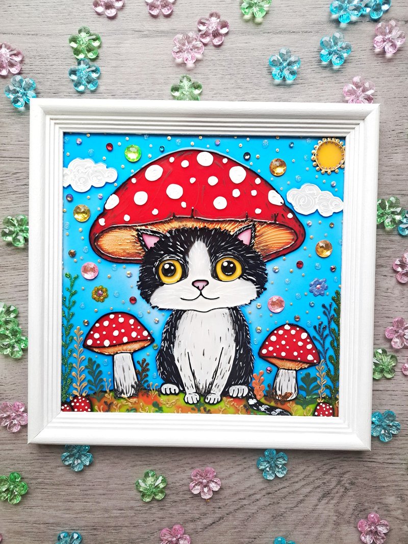 手绘彩绘玻璃可爱猫咪天真原画蘑菇飞木耳 - 墙贴/壁贴 - 玻璃 白色