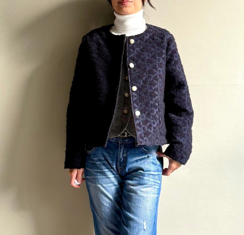 蓝骑士/海军蓝立体缇花织纹毛料短版外套/意大利毛料 - 女装西装外套/风衣 - 羊毛 