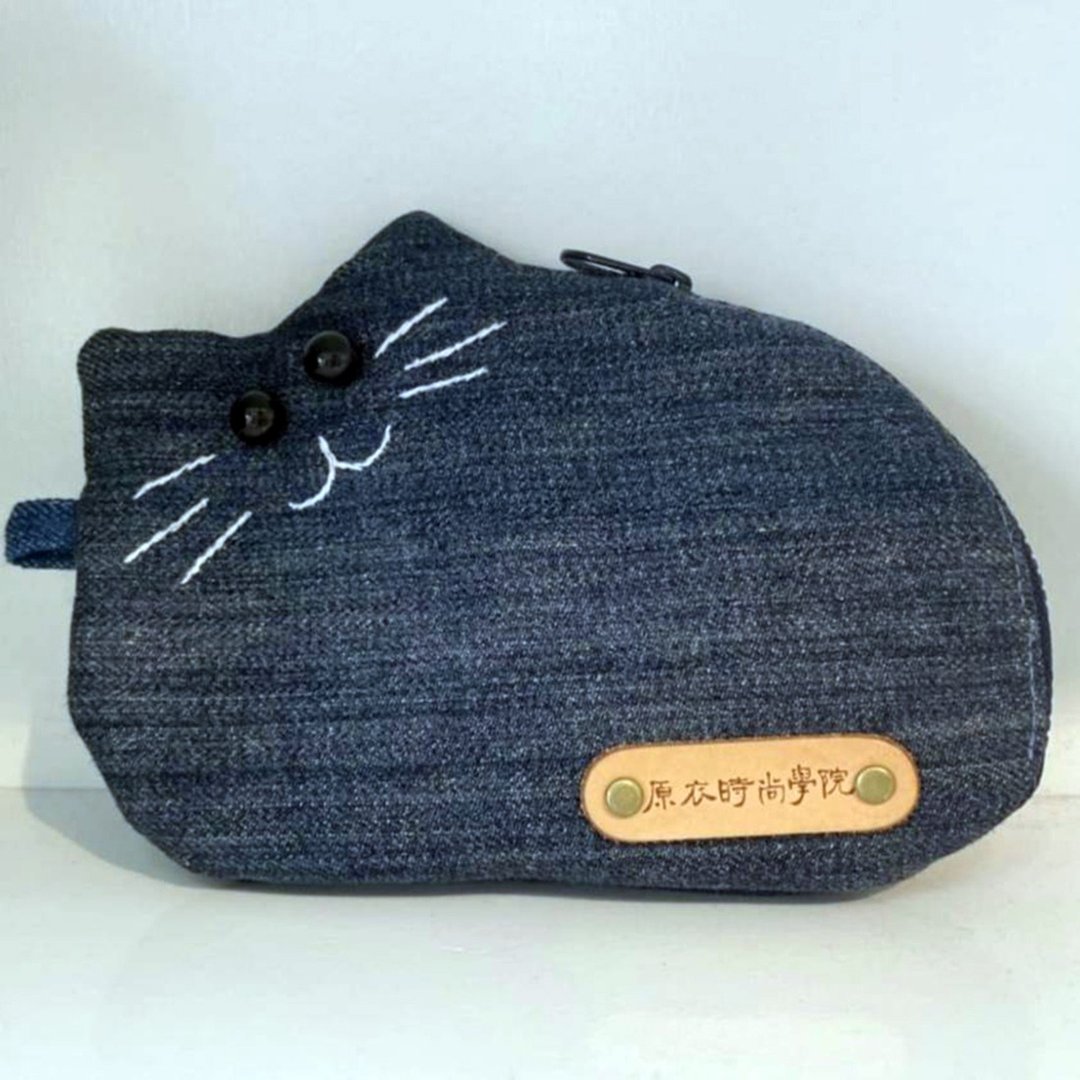 【牛仔布小猫咪零钱包】再生永续商品/手工制作 - 零钱包 - 其他材质 蓝色