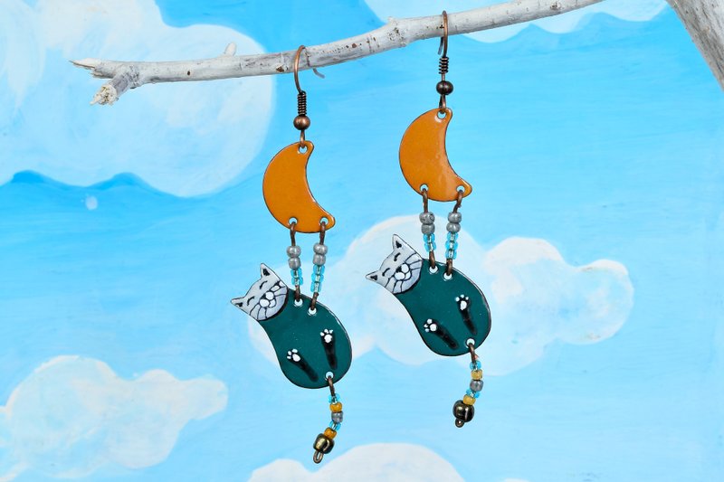 Jewelry, Earrings, Enamel, Cat, Enamel Earrings, Cat Earrings, Enamel Jewelry, Cat Jewelry, Cat Shaped Earrings, Boho Earrings, Enameled Earrings, Turquoise, - 耳环/耳夹 - 珐琅 多色