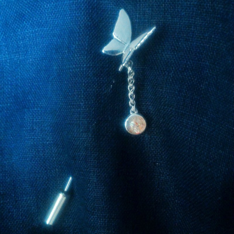 蝴蝶奥长石/粉晶纯银怀旧襟针 - 胸针 - 半宝石 银色