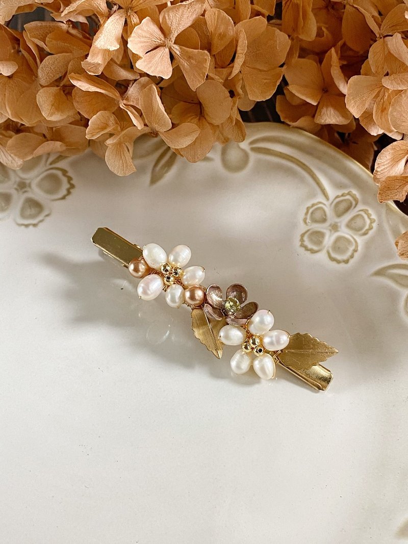 【圣诞优惠】【送礼】优雅的时代 天然淡水珍珠发夹 复古金 - 发饰 - 珍珠 