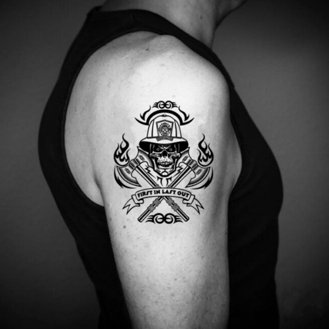 OhMyTat 消防队员 Firefighter 刺青图案纹身贴纸 (2 张) - 纹身贴 - 纸 黑色