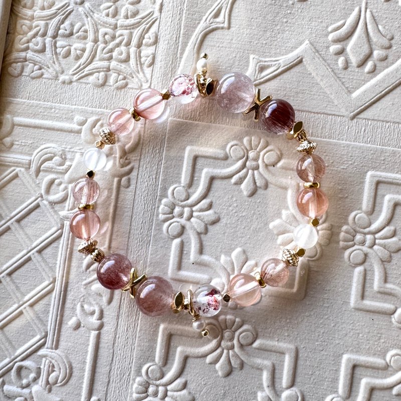 女神的诞生 高冰透体玫瑰色兔毛 高冰超七金草莓彼岸花 - 手链/手环 - 水晶 