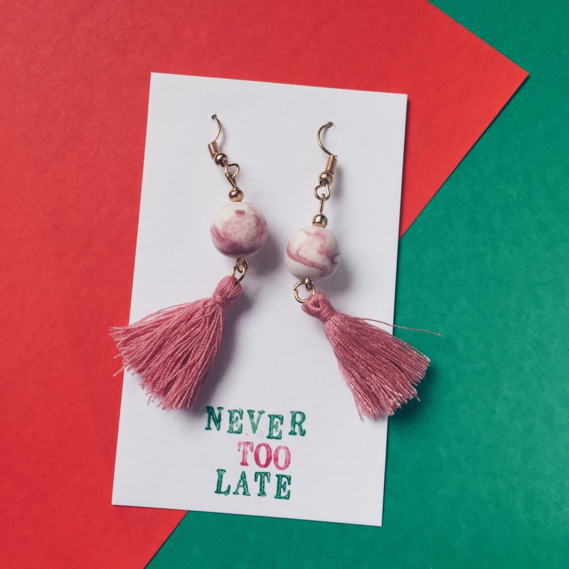 玫瑰粉色圆珠轻黏土水墨耳环 - 耳环/耳夹 - 粘土 粉红色