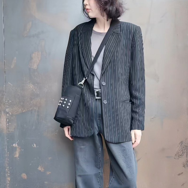 Small Studded Denim Bag 黑色丹宁布铆钉小型斜背包*饮料提袋 - 手提包/手提袋 - 棉．麻 黑色