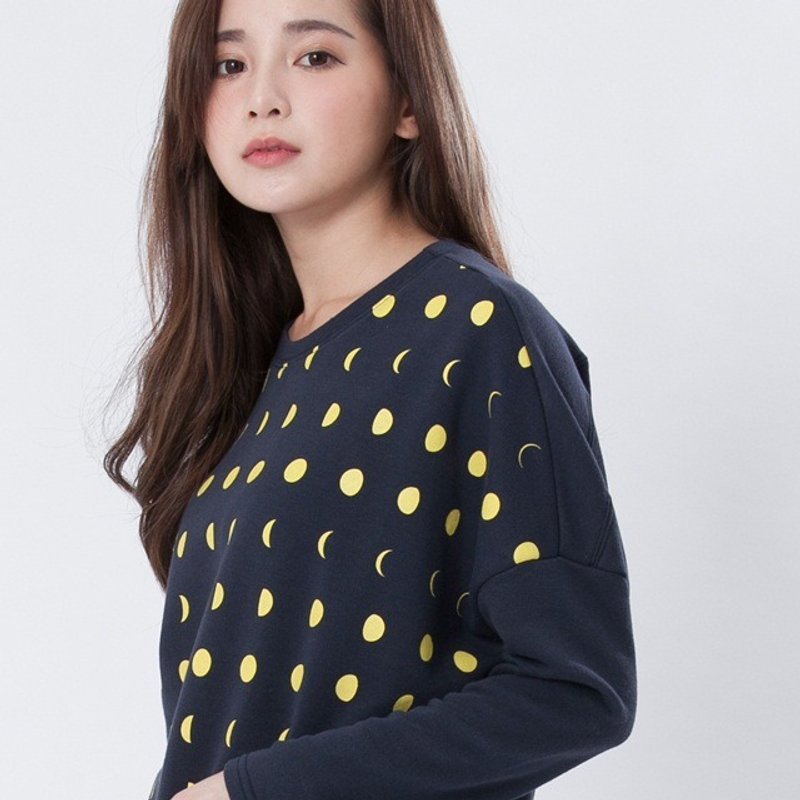 月有阴晴圆缺长袖宽版女T 深蓝 - 女装 T 恤 - 棉．麻 蓝色