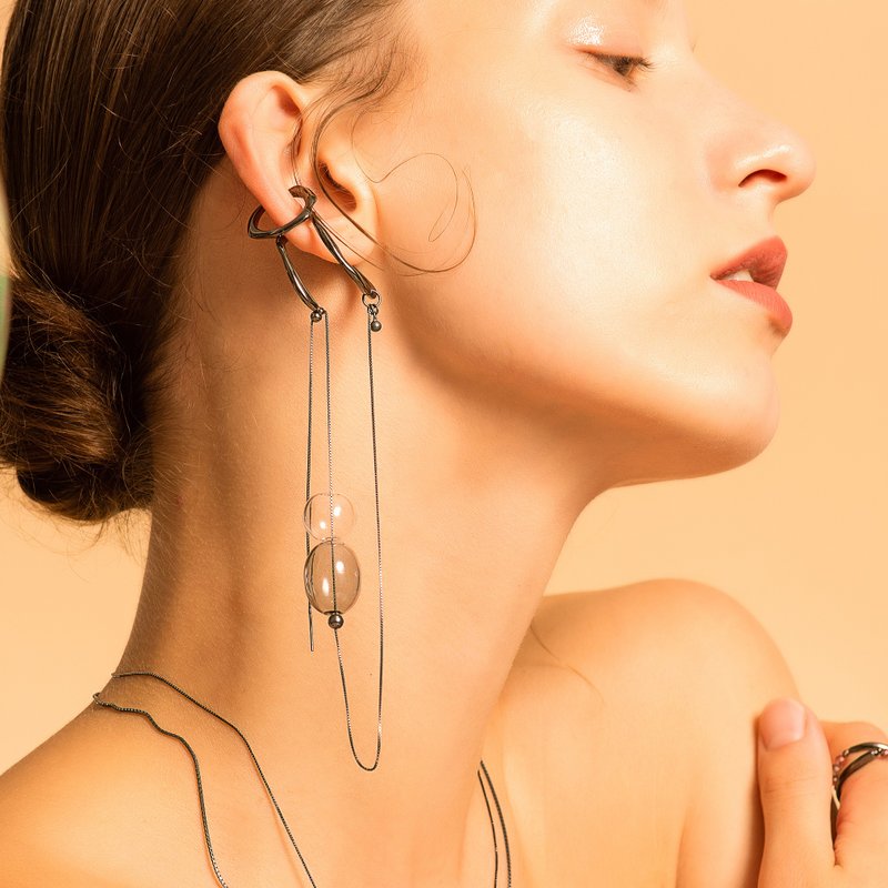 Bubble Nebula - 气泡星云系列 双圈耳夹+气泡长耳线-黑 - 耳环/耳夹 - 纯银 黑色