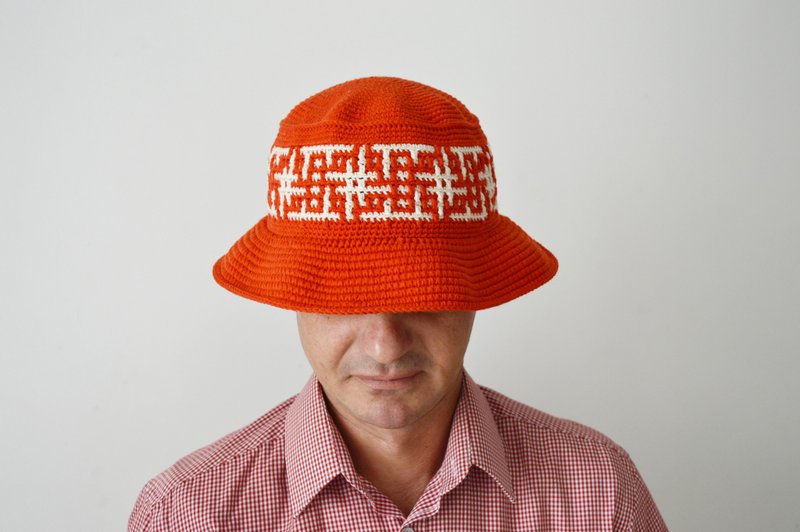 Custom crochet bucket hat women men hashtags print. Orang knit fisherman hat - 帽子 - 棉．麻 橘色