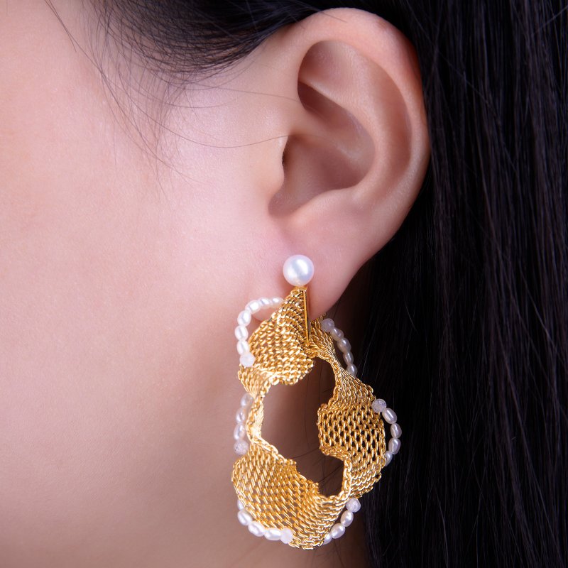 最佳礼物【金属布工艺】月光石珍珠刺绣耳环 - 耳环/耳夹 - 半宝石 金色