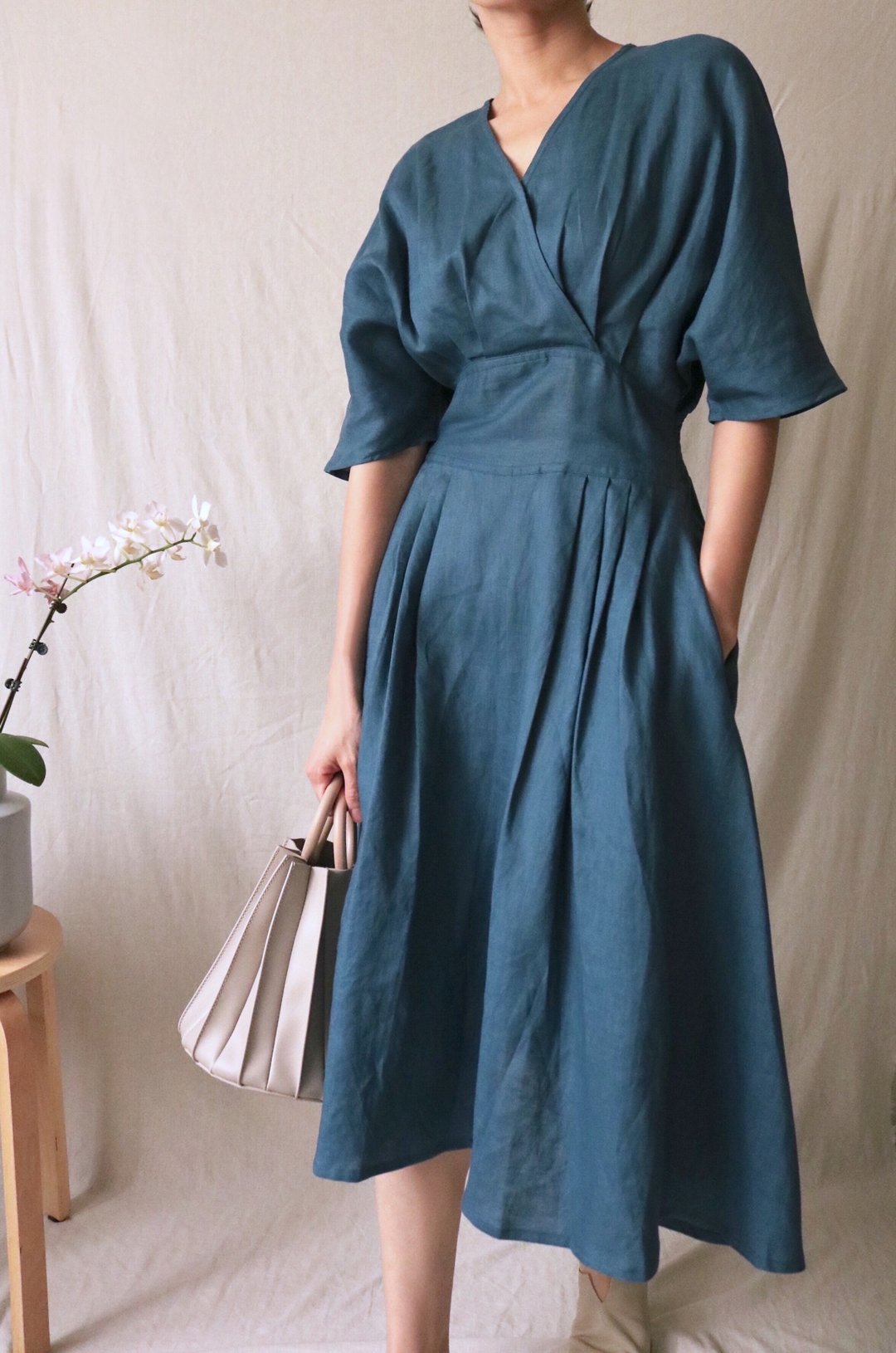 Playa Dress 孔雀蓝亚麻洋装 已补布 - 洋装/连衣裙 - 棉 