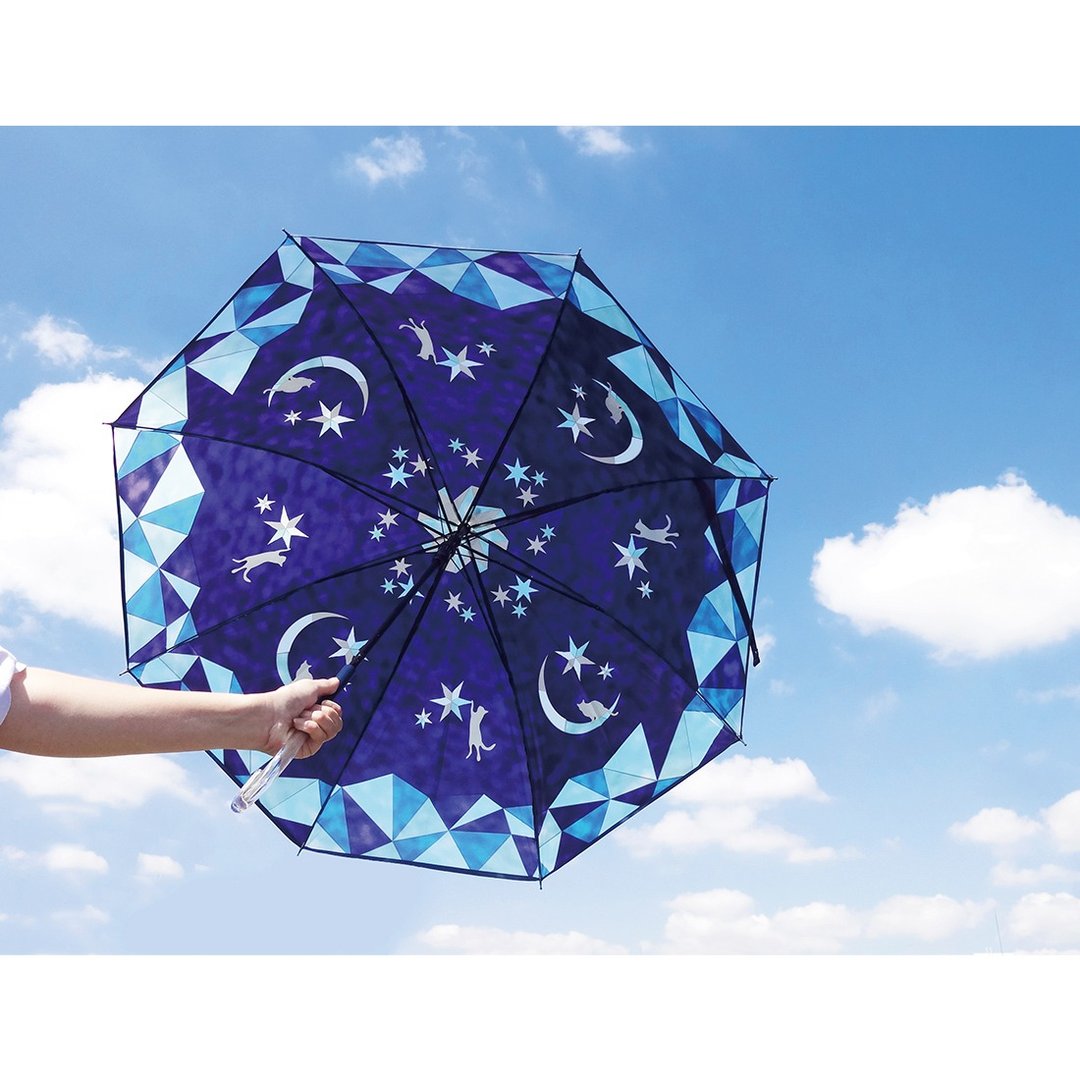 【预订】彩绘玻璃风月夜星空猫猫透明雨伞 - 雨伞/雨衣 - 其他金属 蓝色
