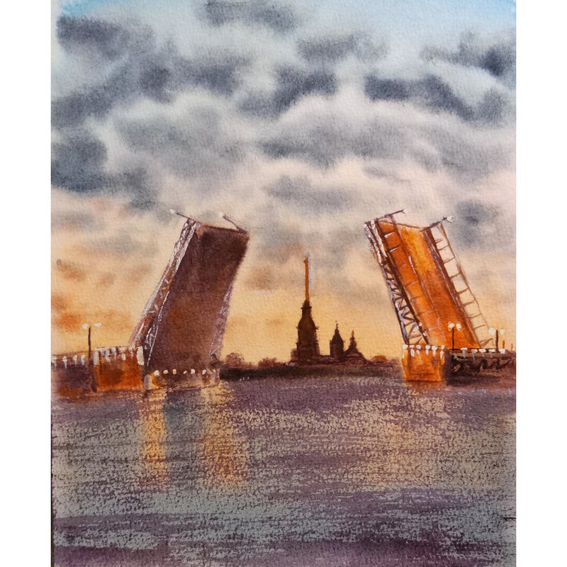 Saint Petersburg Painting Watercolor Original Sunset Cityscape Artwork - 海报/装饰画/版画 - 纸 多色