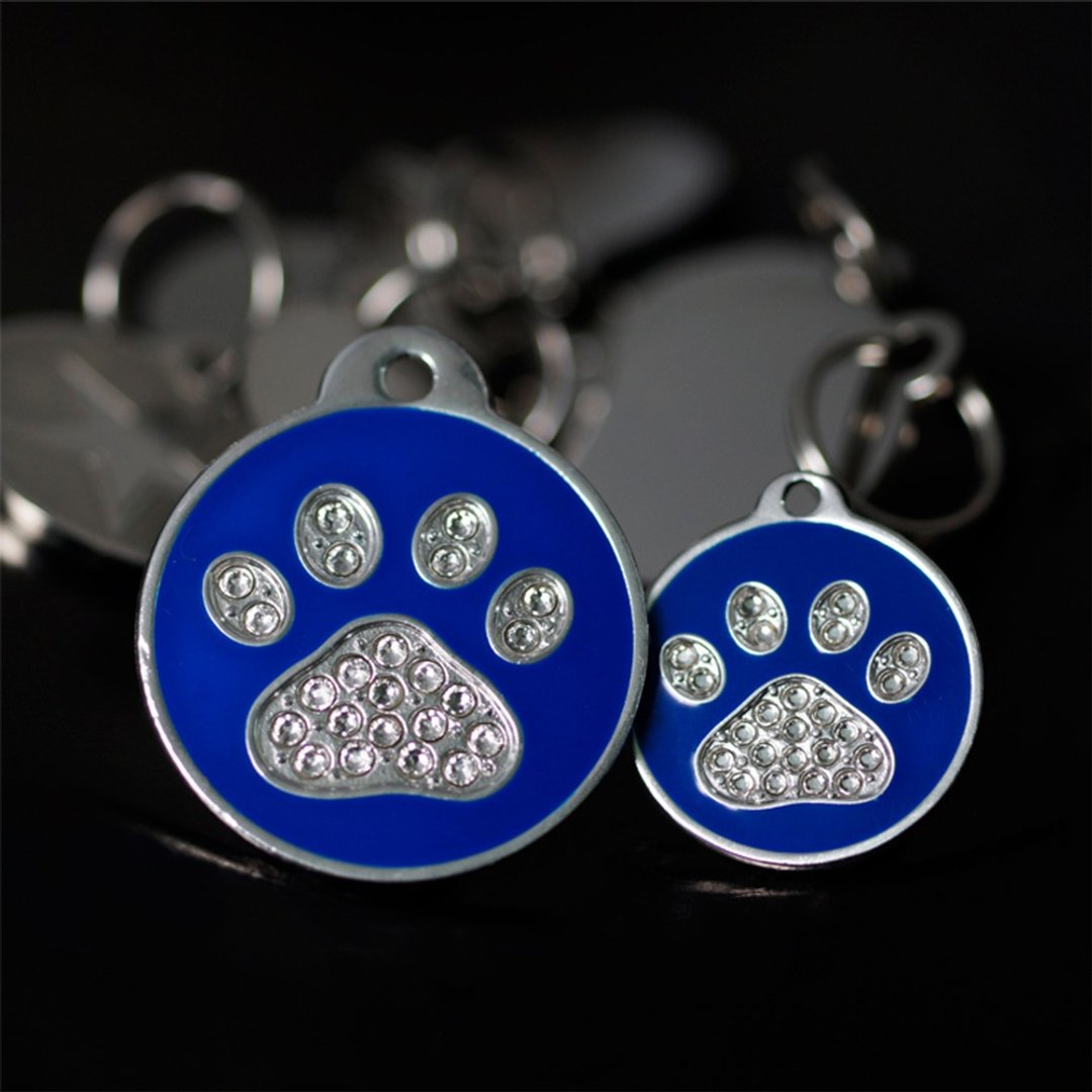 【Fulgor Jewel】富狗定制宠物吊牌 狗牌名牌 免费刻字 -晶钻脚印 - 项圈/牵绳 - 铝合金 蓝色