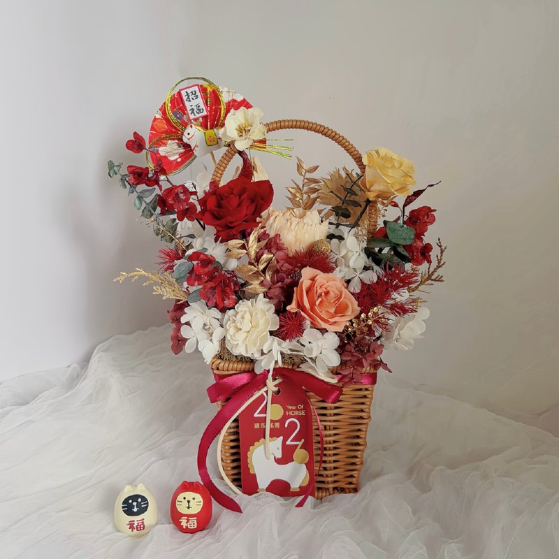 永生花花篮 新年开运花篮 红金喜气盆花 过年送礼 永生花提篮 - 干燥花/捧花 - 植物．花 红色