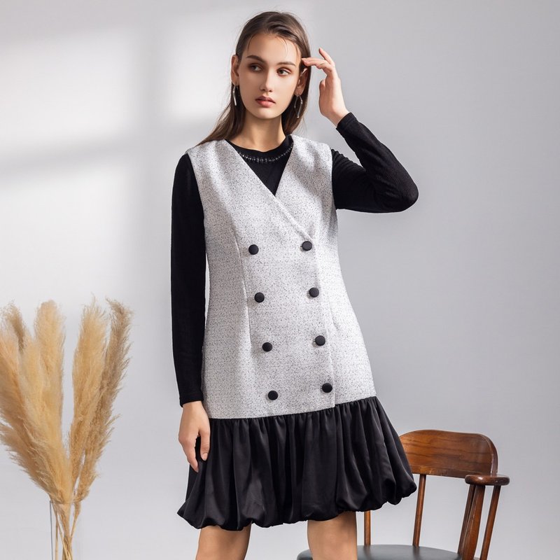 【MEDUSA】双排扣泡泡裙摆小香风背心洋装(M-XL) | 洋装外套 - 洋装/连衣裙 - 聚酯纤维 灰色