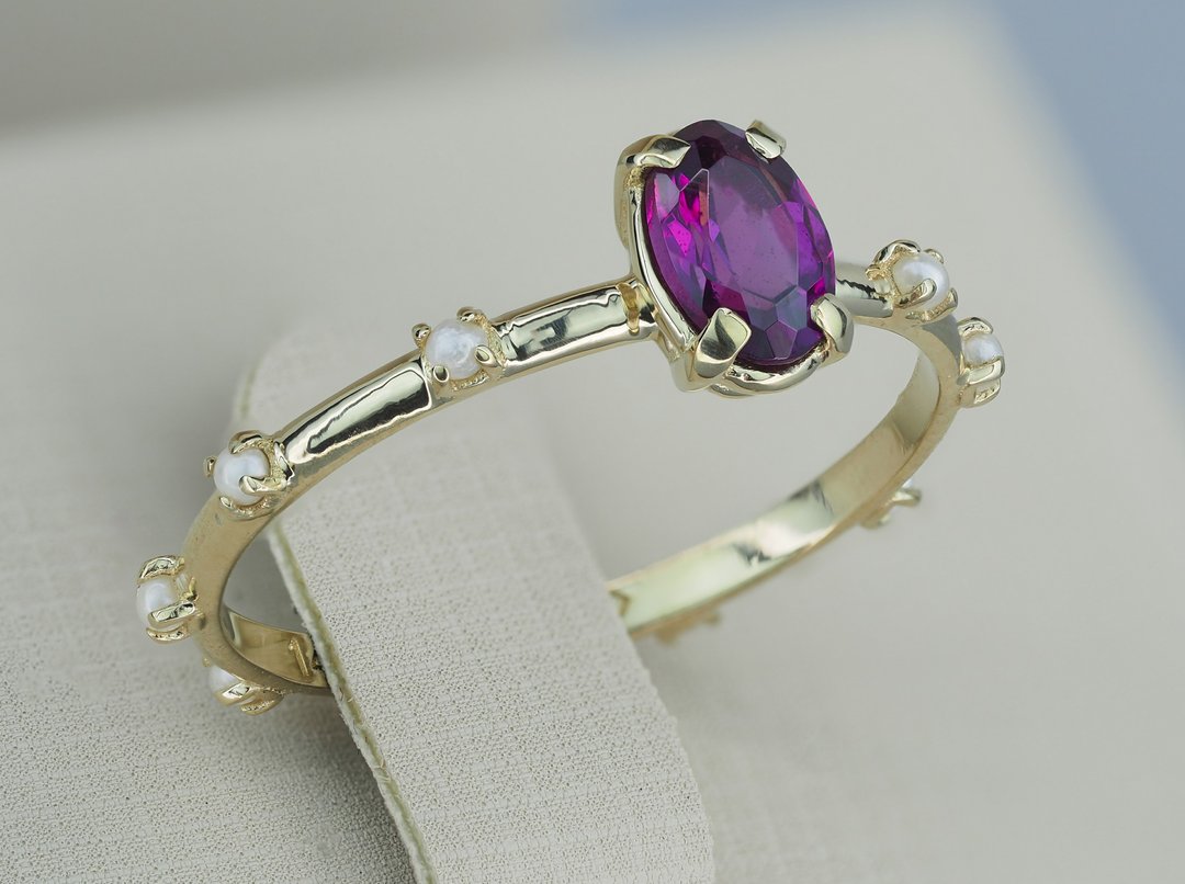 14k gold Ring with garnet and pearls - 戒指 - 贵金属 金色