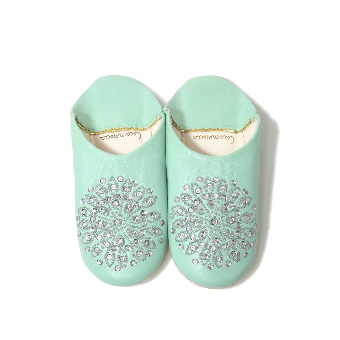 Emerald / silver / moroccan Leather babouche Slippers / High quality odourless - 室内拖鞋 - 真皮 绿色