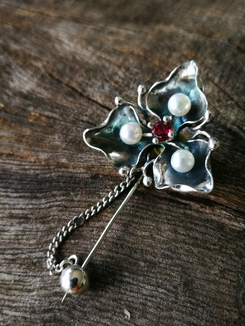 -月下美人- 珍珠纯银胸针 - 胸针 - 银 银色