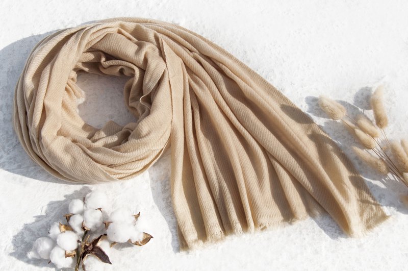 手织围巾 喀什米尔Cashmere/羊绒围巾/纯羊毛围巾披巾/戒指绒披肩 圣诞节礼物 交换礼物 母亲节 父亲节-米黄卡其 - 围巾/披肩 - 羊毛 卡其色