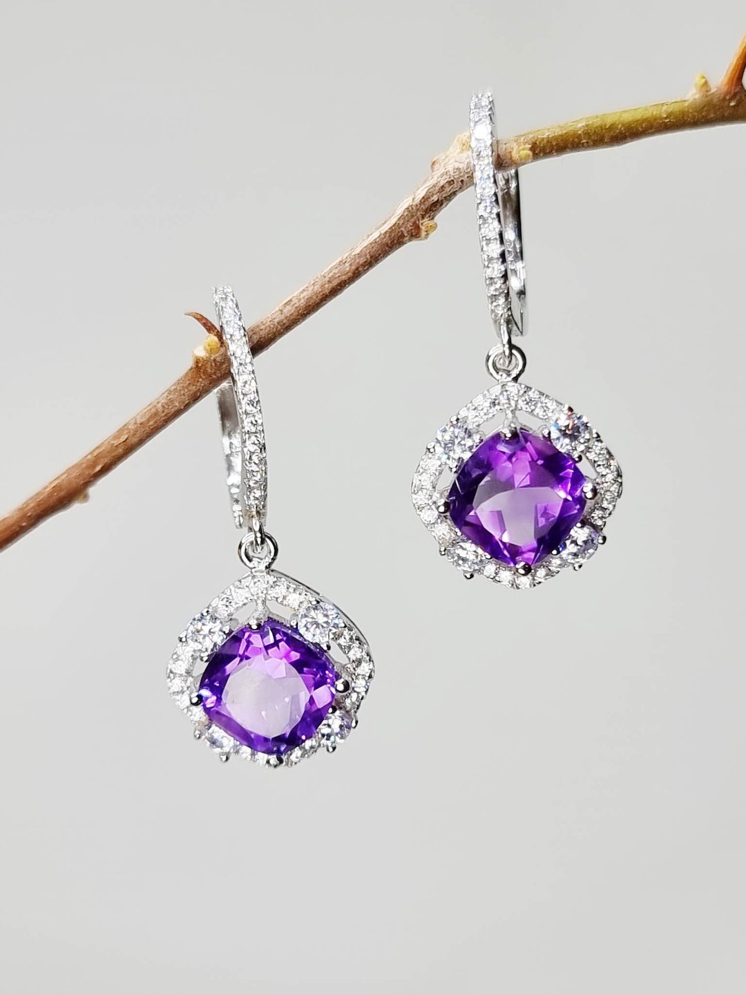 Amethyst Earrings+Ring Set Solid Sterling 925K Sterling Silver Handmade - 耳环/耳夹 - 纯银 紫色