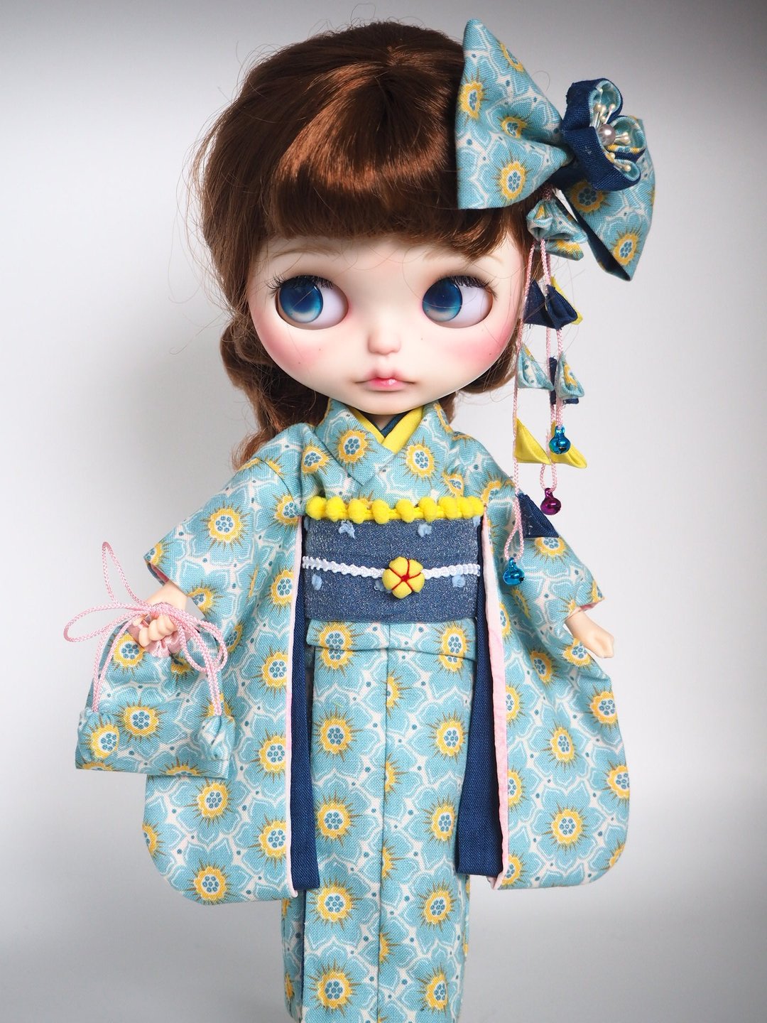 为 Blythe 娃娃量身打造，带有异国情调的可爱和服 - 玩偶/公仔 - 棉 蓝色