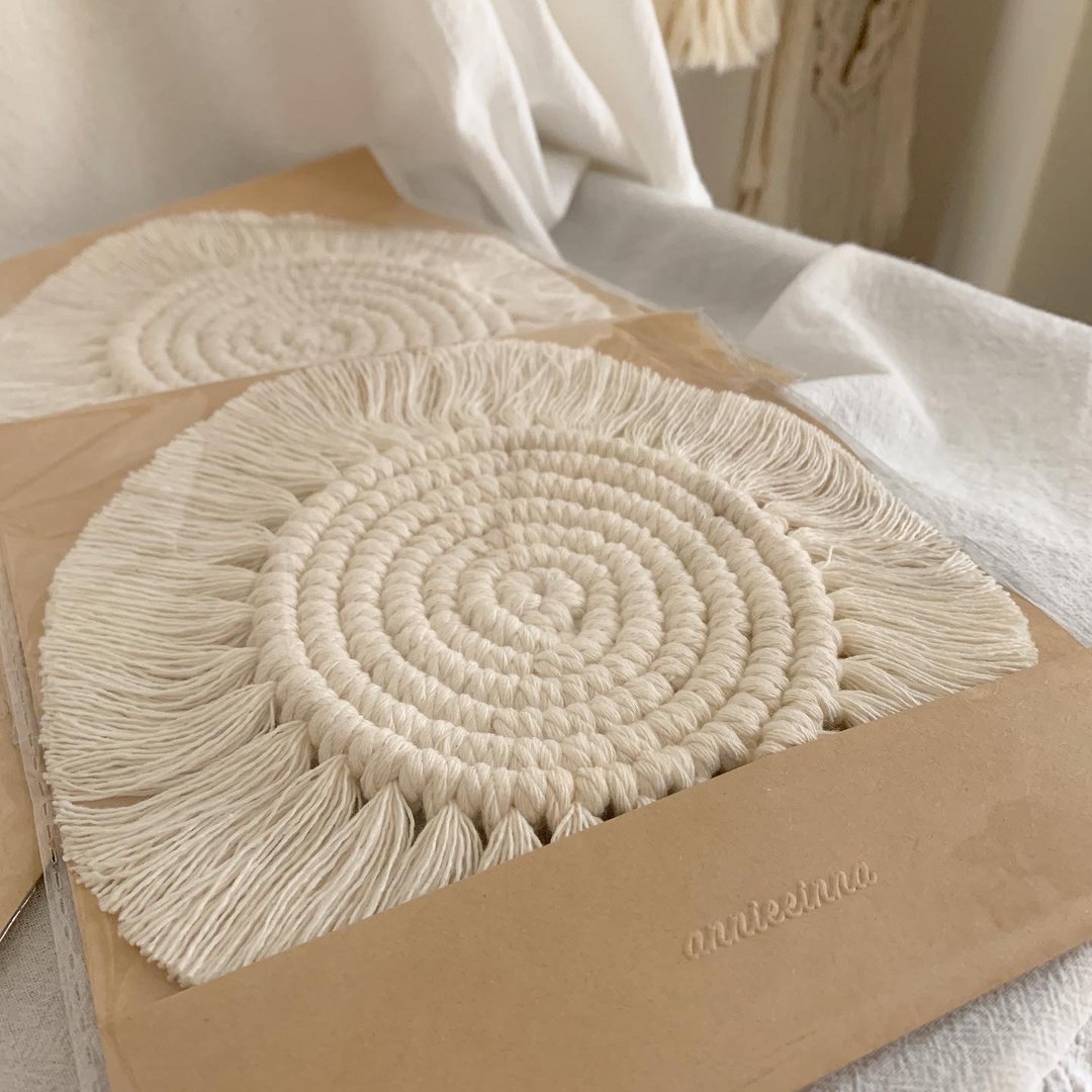 Macrame 波希米亚 编织 圆形 杯垫 l B款 C款 - 杯垫 - 棉 白色