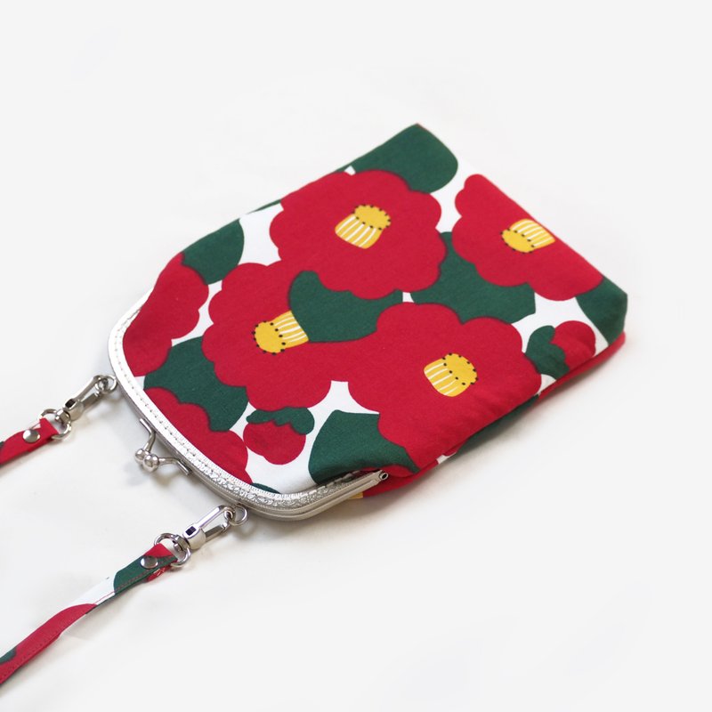 Mini purse for mobile phone Tsubaki 17x20 cm. - 侧背包/斜挎包 - 棉．麻 红色