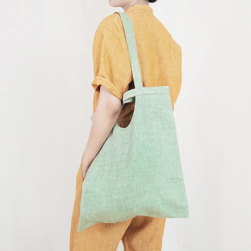 板栗研衣所 | 独立设计 苤蓝绿人字纹亚麻单肩两用托特Tote板栗包 - 侧背包/斜挎包 - 棉．麻 