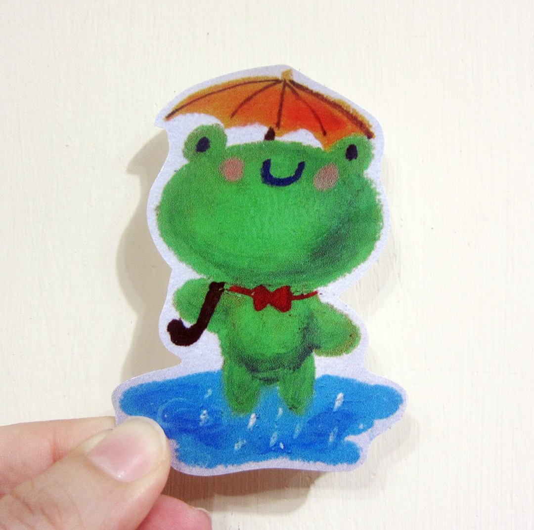 手绘插画风格 完全 防水贴纸 下雨天绿蛙 青蛙 frog - 贴纸 - 防水材质 绿色
