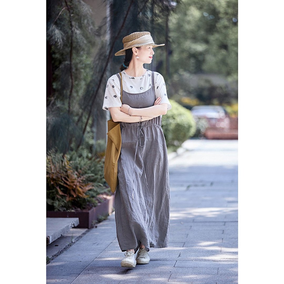 灰亚麻舒适自在日常通勤背带裙 休闲 夏日 連身洋裝 复古 連衣裙 - 背带裤/连体裤 - 亚麻 