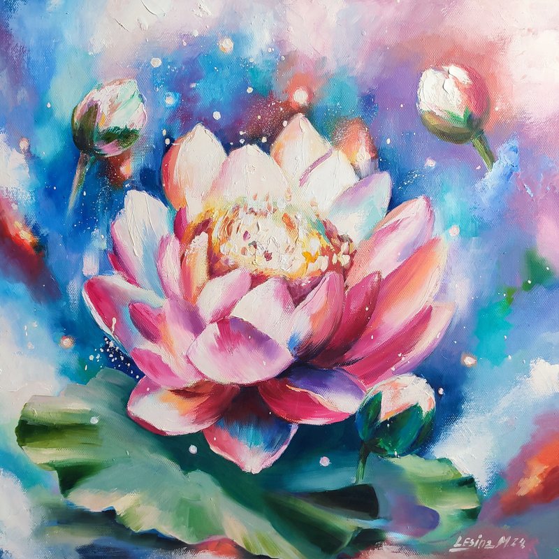 莲花油画莲花原创艺术粉红花卉艺术品佛教绘画 - 墙贴/壁贴 - 其他材质 