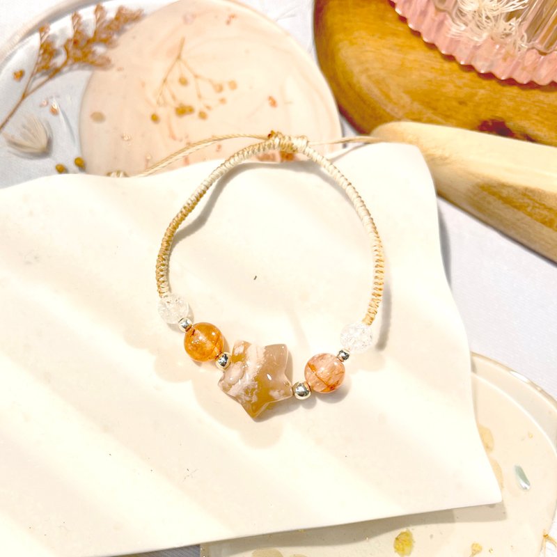 手工编织浪慢樱花玛瑙星星可调节绳编蛇结手链 超七 红胶花 恋爱 - 手链/手环 - 水晶 粉红色