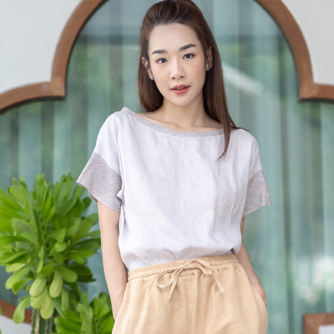 Natural Linen Top Minimal Top Simple Top - Two Tone Very Light Grey/Medium Grey - 女装上衣 - 亚麻 灰色