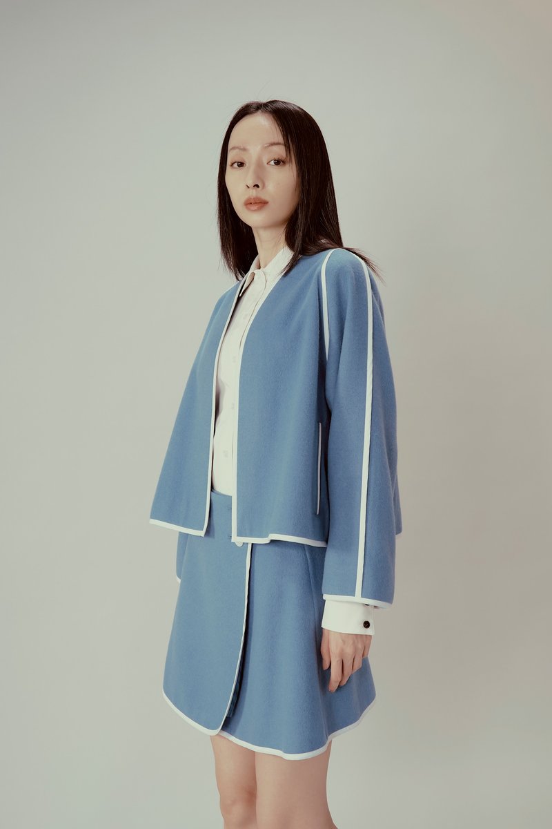 蓝色短版滚白边外套 - 女装休闲/机能外套 - 羊毛 蓝色