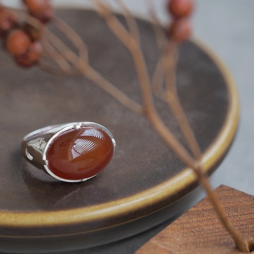 Carnelian Large Ring Silver 925 - 戒指 - 其他金属 红色