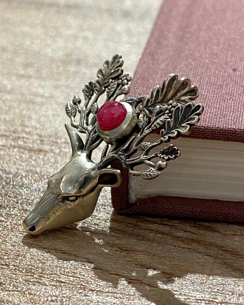 Vintage 925纯银红碧玺鹿首吊坠(不附链) - 其他 - 纯银 银色