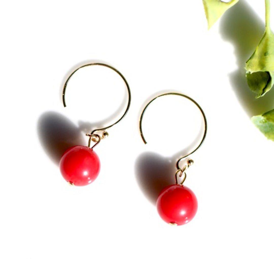 14kgf coral single earrings - 耳环/耳夹 - 其他金属 红色