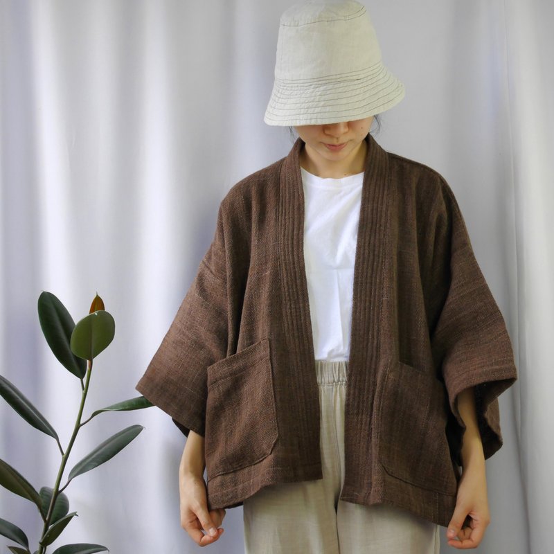 Handwoven cotton  short Kimono... (brown) - 女装休闲/机能外套 - 棉．麻 咖啡色