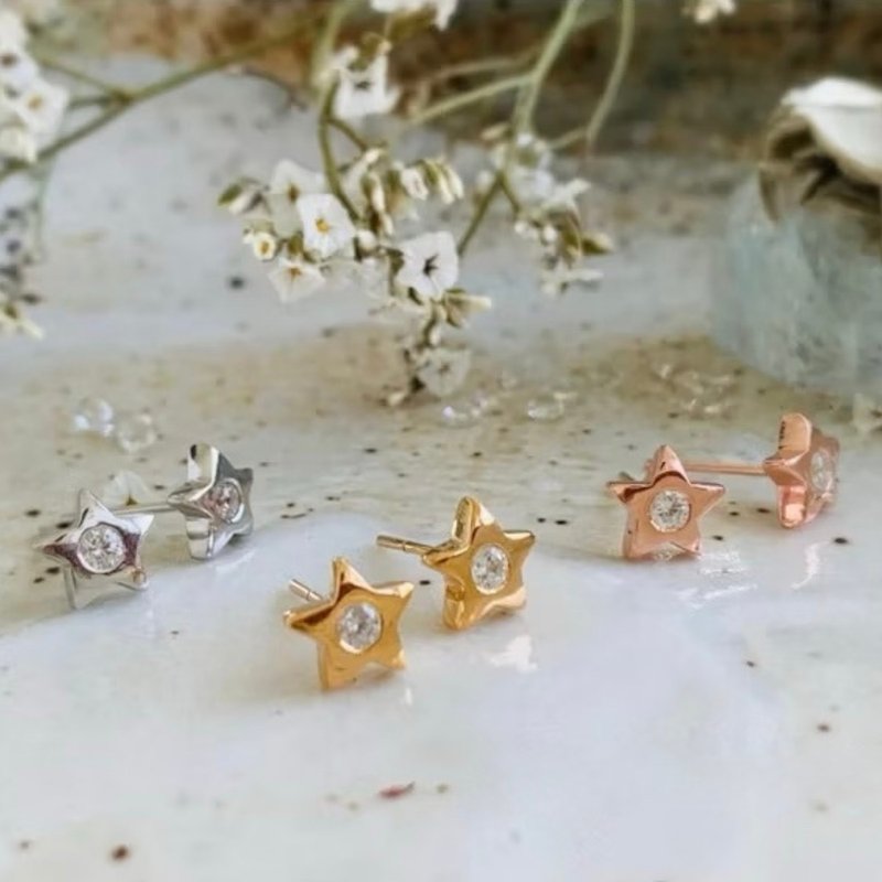 星形耳钉, 白色/透明锆石 (白色/无色锆石) 3毫米。 - 耳环/耳夹 - 半宝石 透明