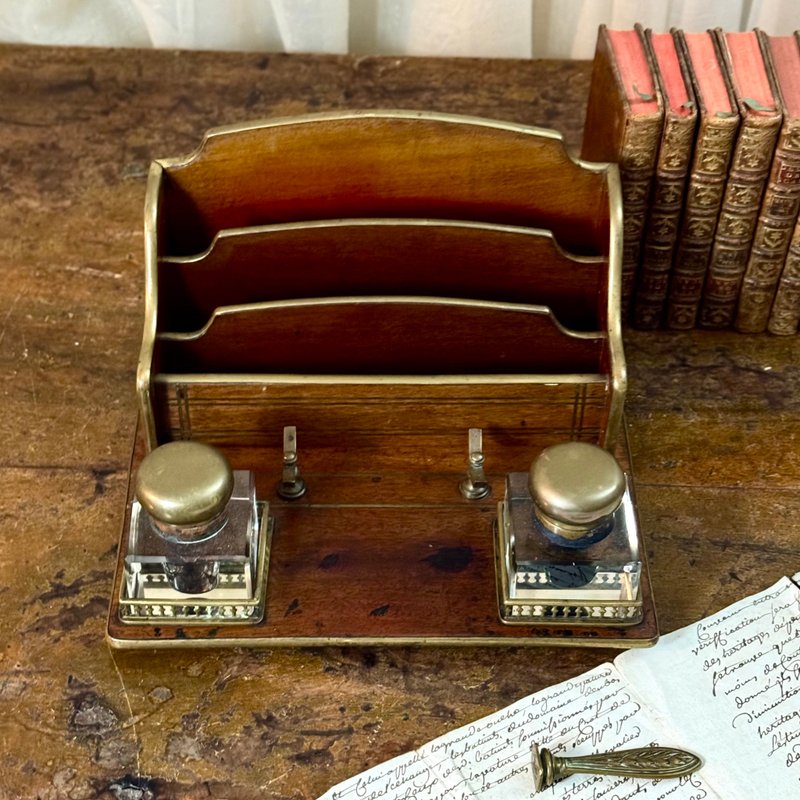 *50194-典藏法国古董胡桃木信件架含双水晶墨水瓶 - 收纳用品 - 其他材质 