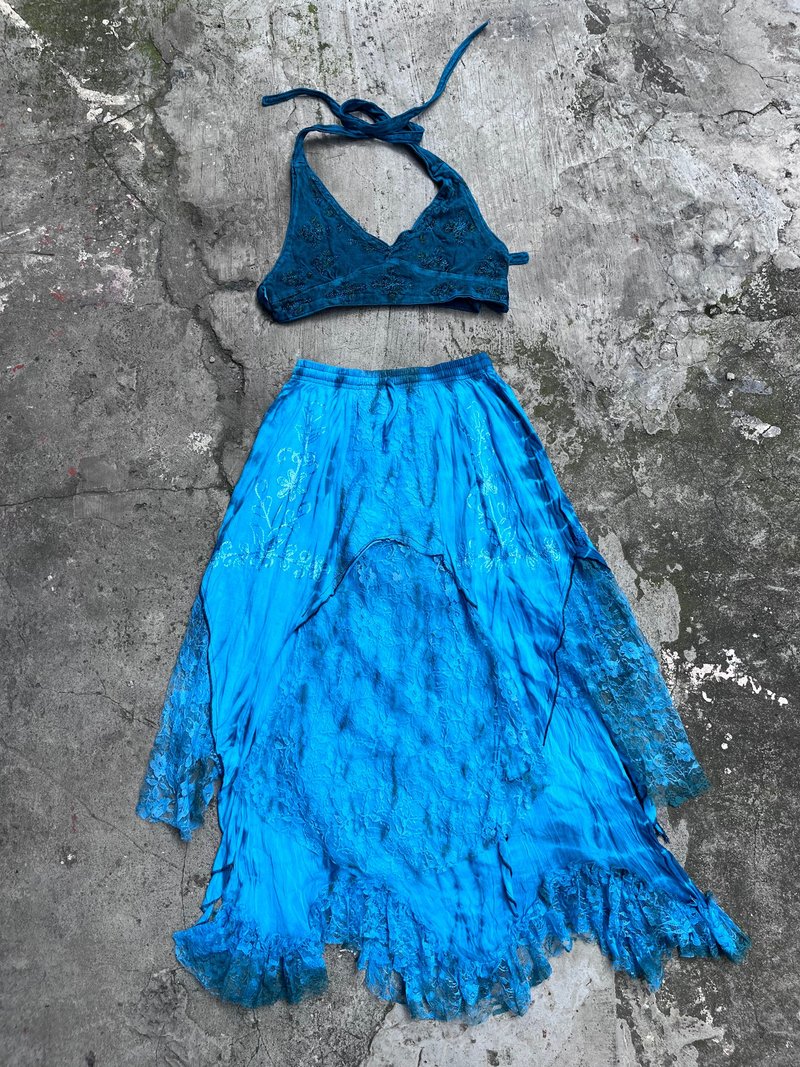 喜迎瑶 尼泊尔 植物染 刺绣背心 蕾丝拼接裙 长裙 民族风 嬉皮 - 裙子 - 棉．麻 蓝色