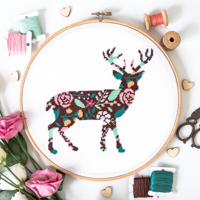 Floral Deer Cross Stitch PDF Pattern 十字繡 - 编织/刺绣/羊毛毡/裁缝 - 其他材质 
