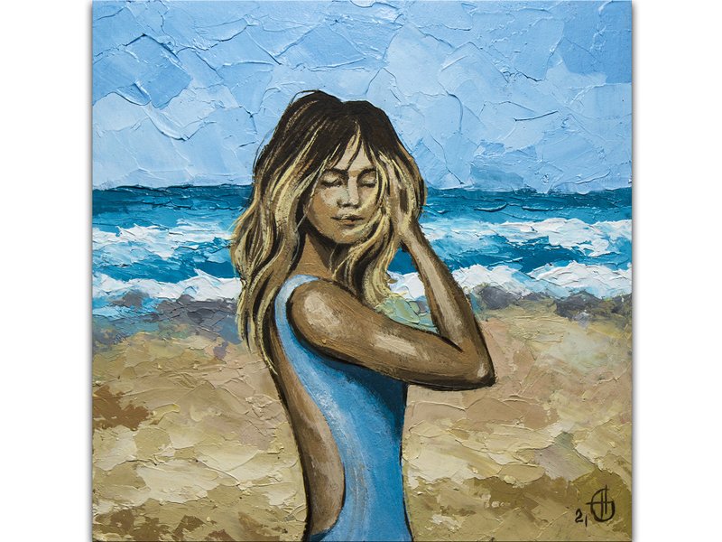 Girl on Beach Painting California Seascape Original Oil Painting Malibu Beach - 墙贴/壁贴 - 其他材质 蓝色