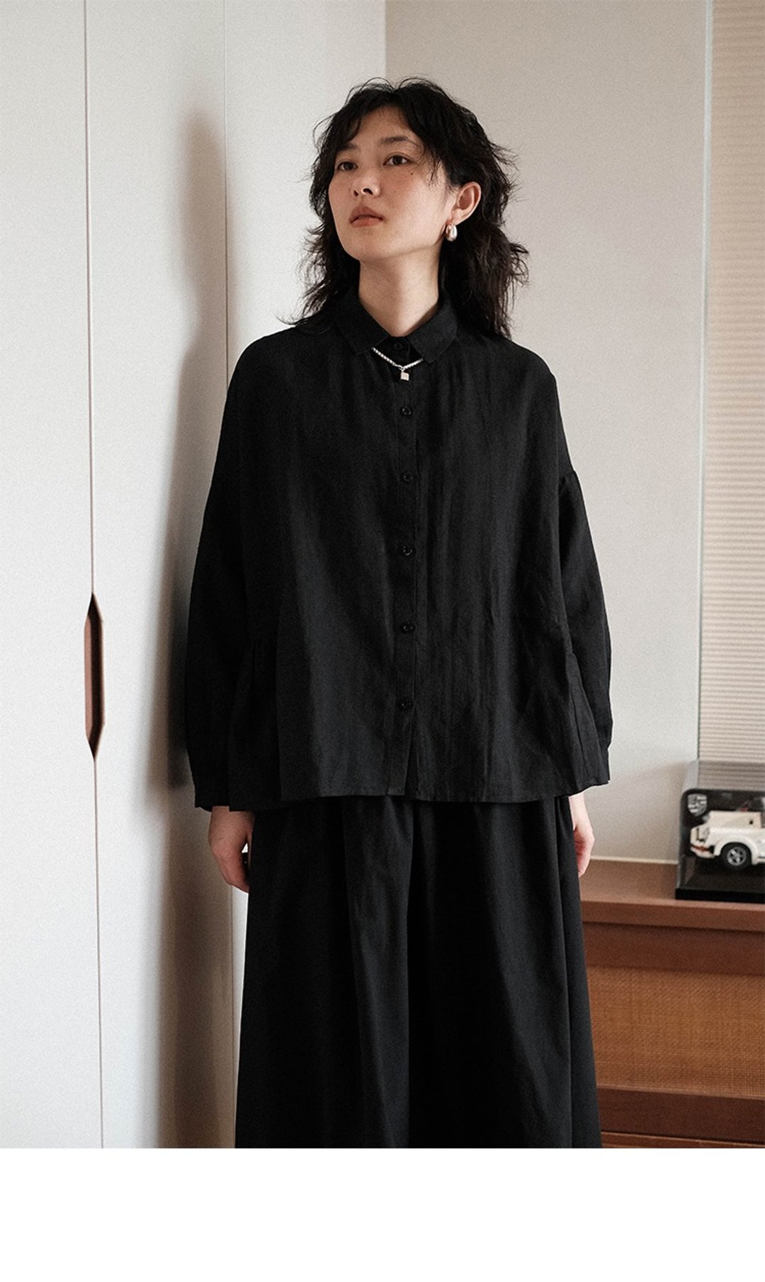 休闲棉麻 简约褶皱宽松翻领衬衣女 - 女装衬衫 - 棉 