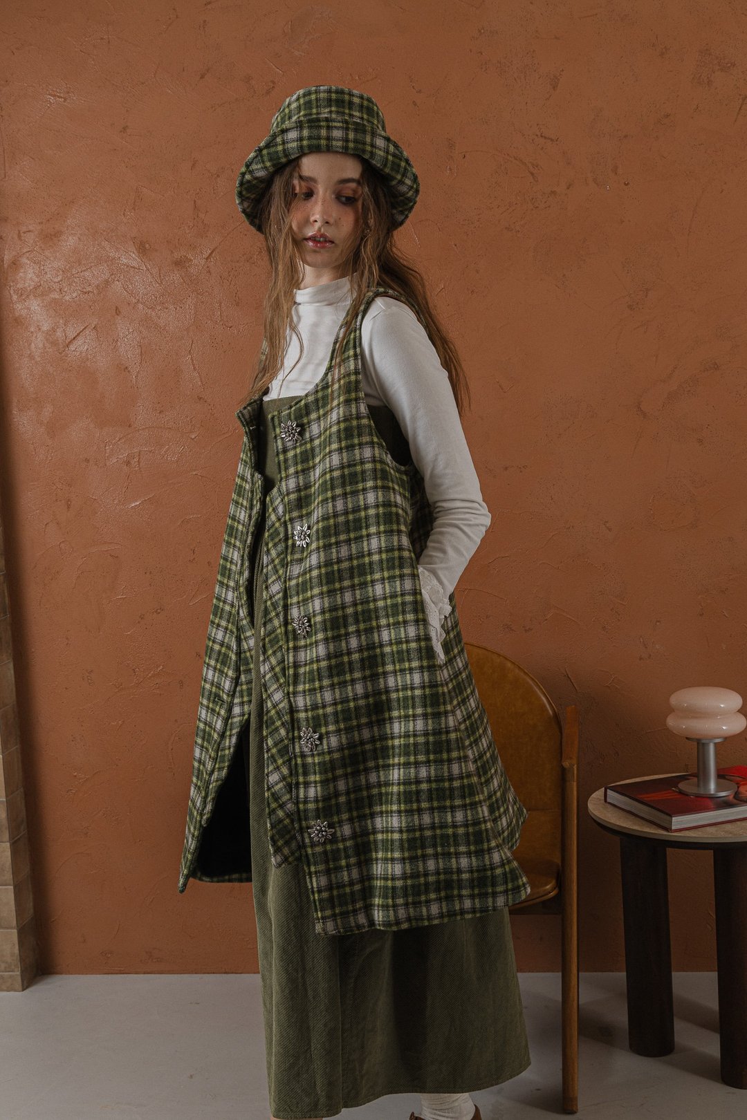 wool plaid vest dress jacket 羊毛格纹背心洋装外套 - 女装休闲/机能外套 - 羊毛 绿色
