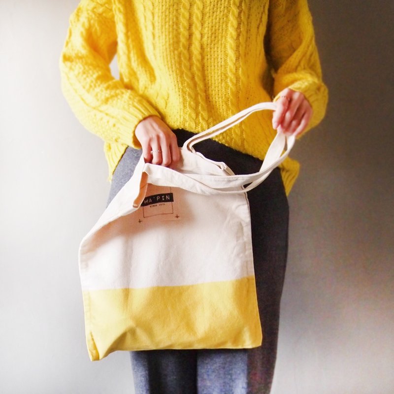 Ma'pin 十字压色LOGO 夏日黄缎染 / 短背带 棉帆布手染托特包 - 侧背包/斜挎包 - 棉．麻 黄色
